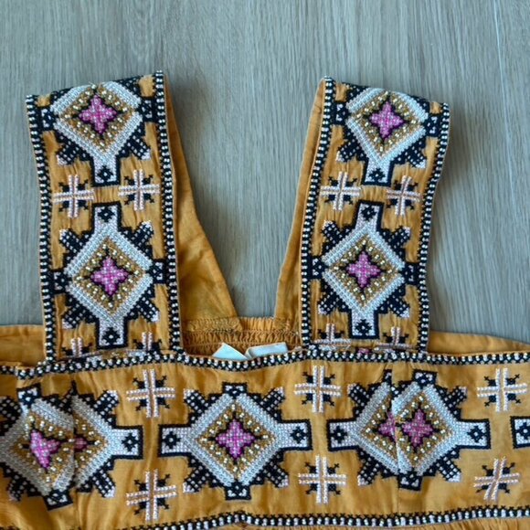 Anthropologie Teofila Embroidered Swing Dress Beaded Smocked Yellow Small - Picture 9 of 13